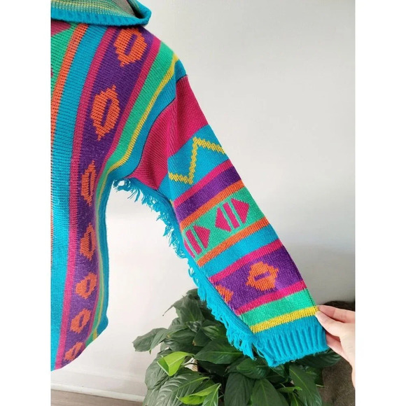 JJ Poole Vintage 80s 90s Aztec Southwestern Hooded Frayed Pullover Sweater XS S - Picture 4 of 12